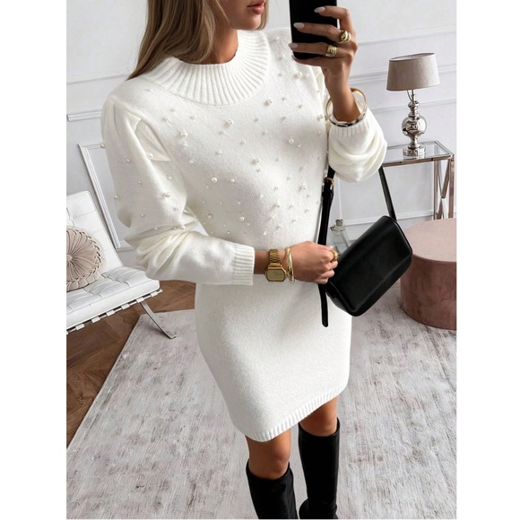 White Sweater Short Mini Dress Faux Pearl Embellished Long Sleeve - Picture 8 of 11